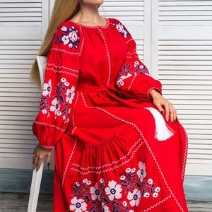 Linen embroidered red dress